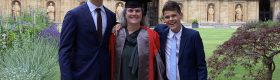 Andrea Ghez, Lauren B. Leichtman & Arthur E. Levine Chair in Astrophysics at UCLA, receiving an honorary doctorate from Oxford University on June 26, 2019. Ghez is with her sons.