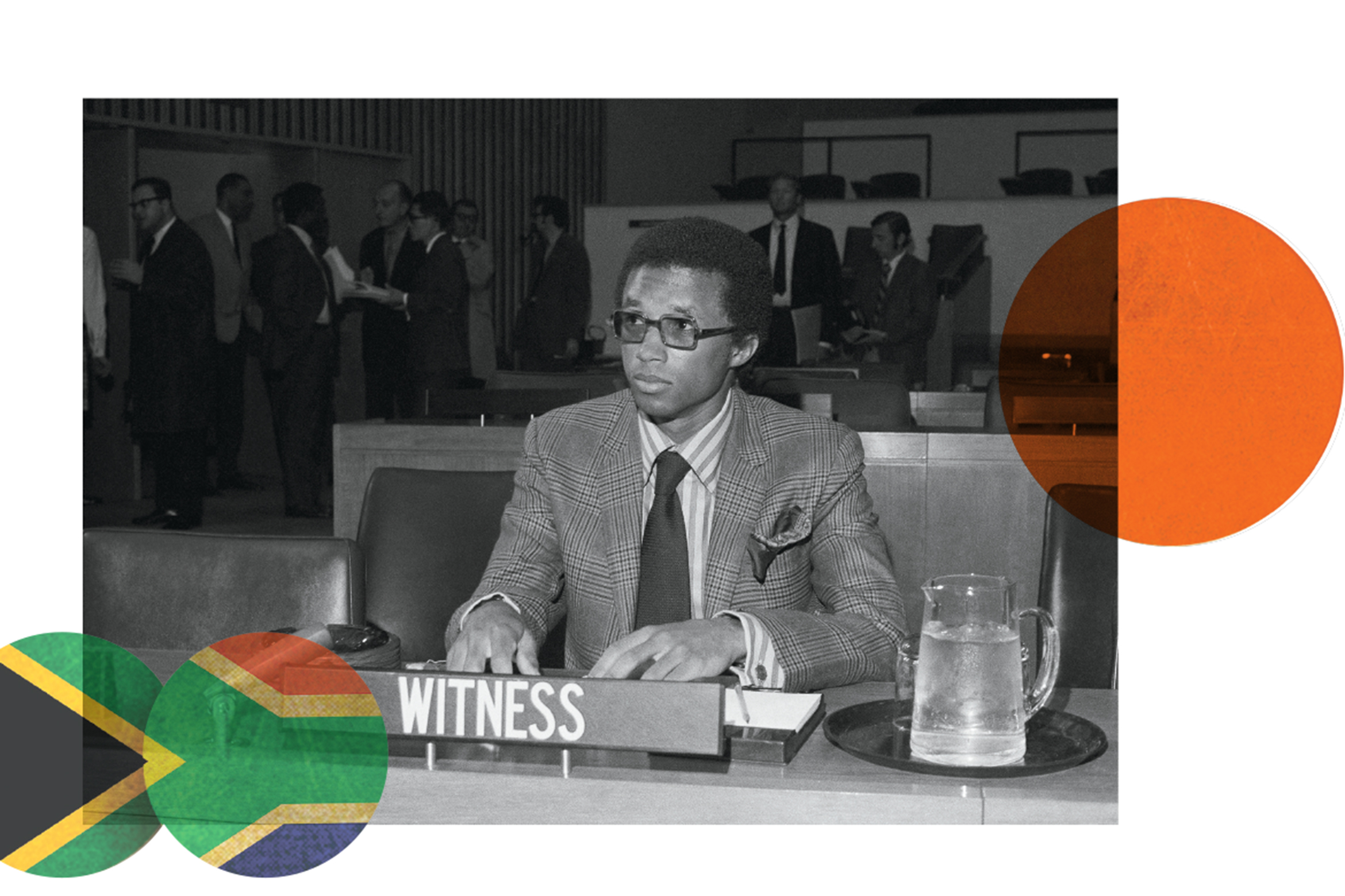 Image of Arthur Ashe at hearings of the United Nations General Assembly’s Special Committee on Apartheid in 1970.