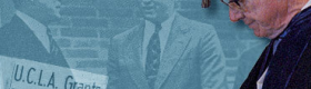 Kenneth P. Bailey in graduation regalia superimposed on a blue tinted image of two men in suits and newspaper cut out reading, "U.C.L.A. grants first Ph.D. Kenneth P. Bailey to receive degree on June 11 ceremony.