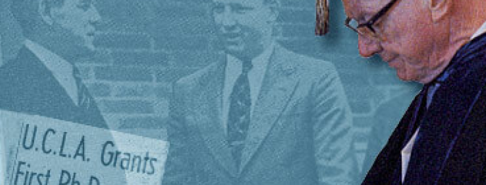 Kenneth P. Bailey in graduation regalia superimposed on a blue tinted image of two men in suits and newspaper cut out reading, "U.C.L.A. grants first Ph.D. Kenneth P. Bailey to receive degree on June 11 ceremony.