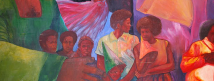 A painting depicting Black adults and children.