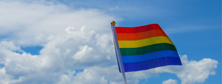 An image of someone holding a miniature rainbow flag or pride flag with clouds and a blue sky in the background.