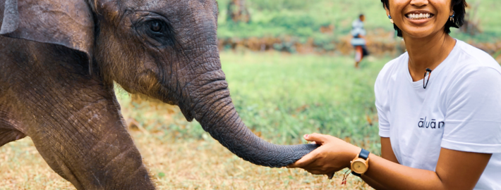 A woman wearing grey pants and a white shirt in an outdoor setting resting on her knees as she plays with a baby elephant.