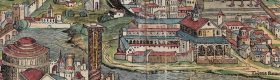 An illustration depicting Rome, featuring buildings, a river, an aqueduct and a wall surrounding the city.