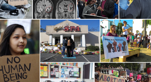 A photo collage of a brain scan, a man speaking into a microphone at a rally, a man holding a small boy by the shoulder, people holding protest signs and a classroom.