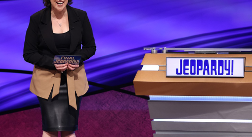 Alumna Mayim Bialik on the set of "Jeopardy."