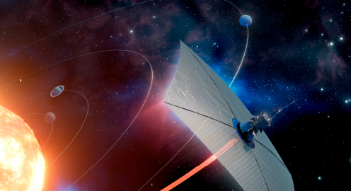 Illustration of a solar sail–propelled spacecraft leaving the solar system after a slingshot maneuver using the sun’s gravity to gain speed. The concept was developed by UCLA professor Artur Davoyan.