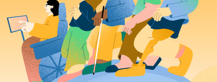 An illustration of a diverse group of five people, including one with a prosthetic leg, one with a walking stick and one in a wheelchair, making their way across a blue globe against an orange background.