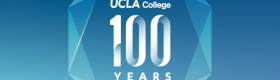 An illustration of three-dimensional cube against a blue gradient background and in the center superimposed in white, the words "UCLA College 100 Years."