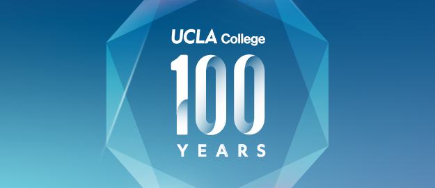 An illustration of three-dimensional cube against a blue gradient background and in the center superimposed in white, the words "UCLA College 100 Years."