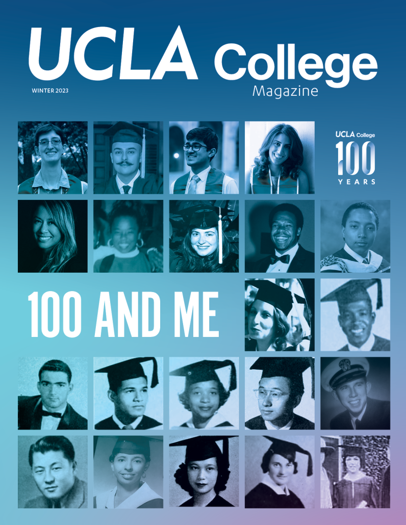 Displayed in three rows, eleven photographs of UCLA College alums. On display in the upper-right hand side, in white lettering, the words "UCLA College 100 Years," and on the lower-left hand side, also in white lettering, "100 and Me."