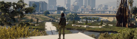A young girl, rendered using Grand Theft Auto’s game graphics, looks out at a revitalized L.A. River and the cityscape beyond.