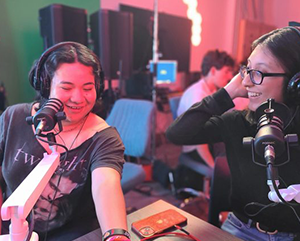 Jocelyn Granados and Lilianna Rodriguez in a UCLA podcast lab