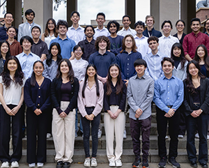 Group photo of the ELFIN student team in the court of sciences at UCLA. 34 members of the team are pictured.