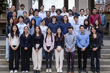 Group photo of the ELFIN student team in the court of sciences at UCLA. 34 members of the team are pictured.