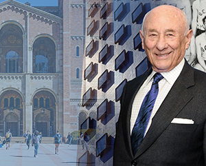 Photo collage, left to right: UCLA’s Royce Hall (photo credit: UCLA); windows on Bunche Hall, home of the UCLA Department of History (photo credit: UCLA); Meyer Luskin (photo credit: Reed Hutchinson/UCLA); Meyer Luskin on the UCLA boxing team from the 1949 UCLA yearbook.