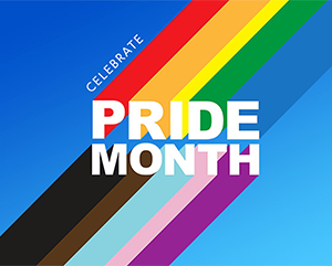 A graphic with a vibrant blue background featuring a diagonal rainbow stripe with colors red, orange, yellow, green, blue, and purple transitioning into black and brown stripes. Overlaid text in bold white letters reads ‘CELEBRATE PRIDE MONTH.’ The image symbolizes inclusivity and the celebration of LGBTQ+ Pride Month.