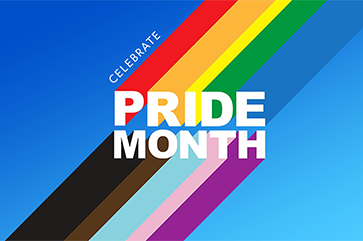 A graphic with a vibrant blue background featuring a diagonal rainbow stripe with colors red, orange, yellow, green, blue, and purple transitioning into black and brown stripes. Overlaid text in bold white letters reads ‘CELEBRATE PRIDE MONTH.’ The image symbolizes inclusivity and the celebration of LGBTQ+ Pride Month.