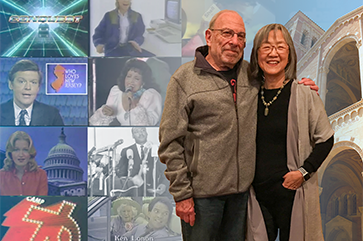 Irv Drasnin and Xiaoyan Zhao Drasnin against a collage of news broadcast screenshots and Royce Hall.