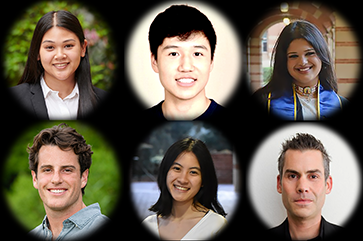 UCLA's 2024-25 Fulbright awardees, from top left: Regina Hieap, Derek Ren, Siya Sharma; and bottom, from left: Ryan Silverstein, Elise Tran and Professor Chris Hanscom.