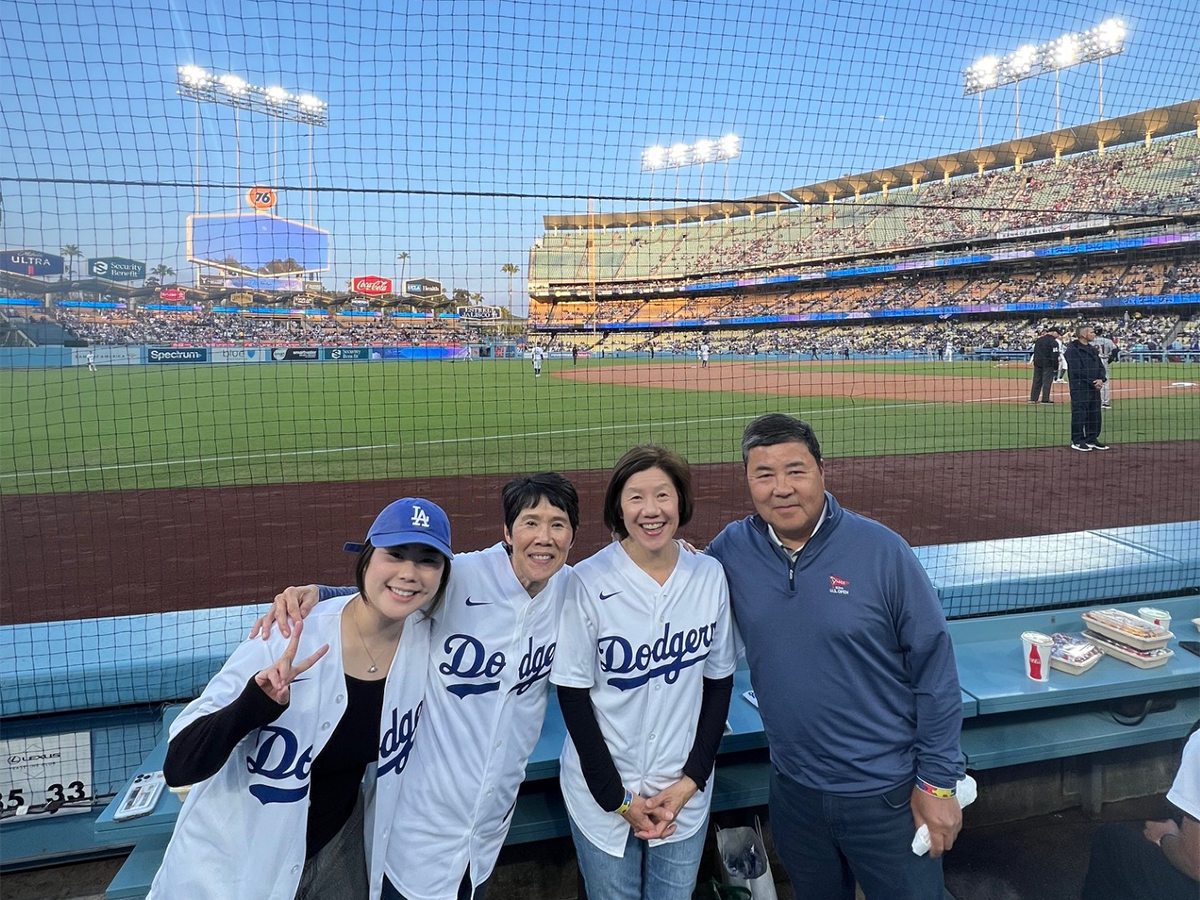 Janice Shintaku and her family at a Dodgers baseball game. 