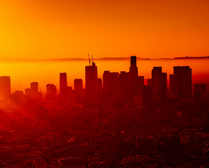 Hazy downtown L.A. orange skyline.