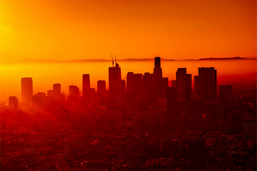 Hazy downtown L.A. orange skyline.