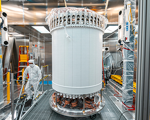 LUX-ZEPLIN's central detector, the time projection chamber, in a surface lab clean room before delivery underground.