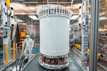 LUX-ZEPLIN's central detector, the time projection chamber, in a surface lab clean room before delivery underground.