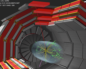 W boson candidate event with a reconstructed muon (red line) recorded with the Compact Muon Solenoid detector