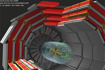 W boson candidate event with a reconstructed muon (red line) recorded with the Compact Muon Solenoid detector