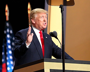 Former President Donald Trump speaks from a lecturn during the 2016 Republican National Convention.