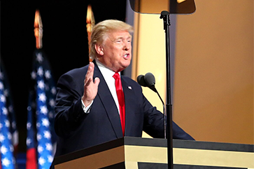 Former President Donald Trump speaks from a lecturn during the 2016 Republican National Convention.