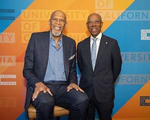 Kareem Abdul-Jabbar, left, with UC President Michael Drake at the UC Presidential Medal ceremony on Sept. 22, 2024.