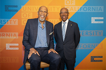 Kareem Abdul-Jabbar, left, with UC President Michael Drake at the UC Presidential Medal ceremony on Sept. 22, 2024.