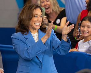 Vice President and Democratic presidential nominee Kamala Harris claps at event at Wake Tech in Raleigh, N.C.