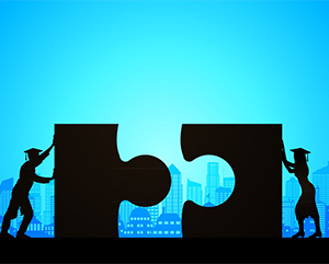 Illustration of two silhouetted figures pushing puzzle pieces together with city buildings in the background