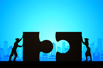 Illustration of two silhouetted figures pushing puzzle pieces together with city buildings in the background