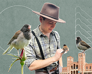 Composite image of doctoral student Joey Di Liberto and dark-eyed juncos and campus buildings.