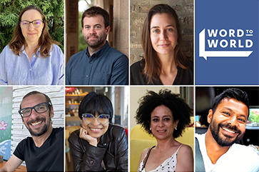 A collage of seven new humanities faculty members. Top row, left to right: Nina Duthie, Dieter Gunkel and Allison Kanner-Botan. Bottom row: Jonah Katz, Nancy Alicia Martínez, Roberta Morosini and Vetri Nathan.