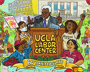 In this illustration, the Rev. James Lawson speaks in front of the UCLA Labor Center’s office, located in L.A.’s dynamic, mostly immigrant Pico-Union neighborhood, which overlooks MacArthur Park.