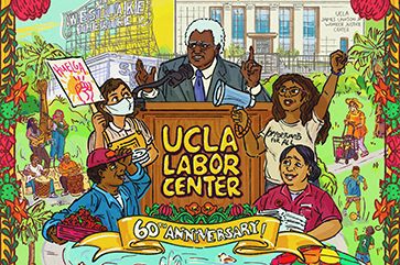 In this illustration, the Rev. James Lawson speaks in front of the UCLA Labor Center’s office, located in L.A.’s dynamic, mostly immigrant Pico-Union neighborhood, which overlooks MacArthur Park.