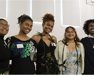 Undergraduate students Ultei, Karyss, Jiorden, Lavon, and Amarii from the Pacific Islander Student Association at the UCLA Pasifika Studies Community Reception on October 19.