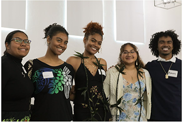 Undergraduate students Ultei, Karyss, Jiorden, Lavon, and Amarii from the Pacific Islander Student Association at the UCLA Pasifika Studies Community Reception on October 19.