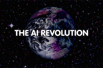 A digitized globe in space with the words "The AI Revolution" superimposed in white.