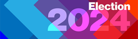 Abstract image of Tetris-like shapes with a color gradient ranging from blue hues on the left to red hues on the right, with purple in the middle, and the text "Election 2024"