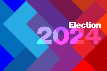 Abstract image of Tetris-like shapes with a color gradient ranging from blue hues on the left to red hues on the right, with purple in the middle, and the text "Election 2024"