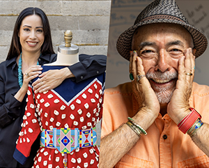 Split-screen image featuring Wendy Red star on left and Juan Felipe Herrera on right