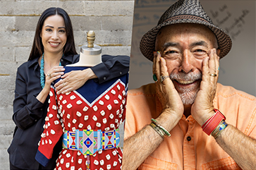 Split-screen image featuring Wendy Red star on left and Juan Felipe Herrera on right