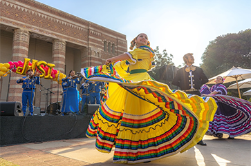 UCLA’s Mariachi de Uclatlán and their danzantes (dancers) perform at the 2024 Latinx Welcome.